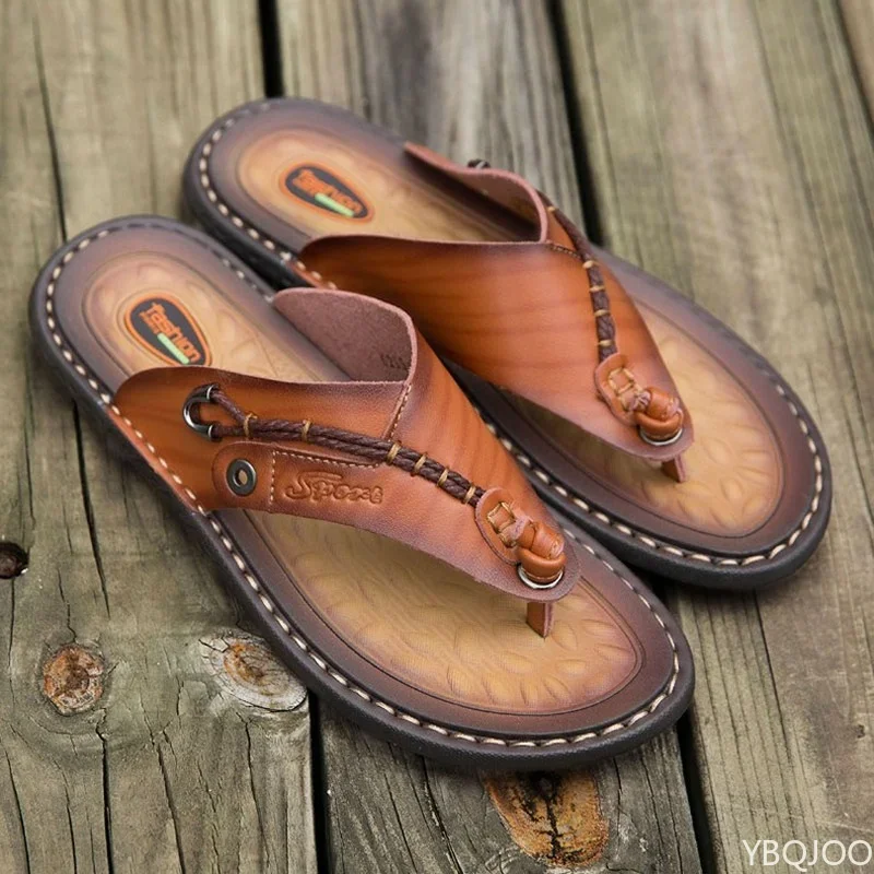 2024 New Summer Handmade Leather Slippers Trendy Fashion Men's Flip-flops Outdoor Breathable Comfortable Men and Simple Sandals