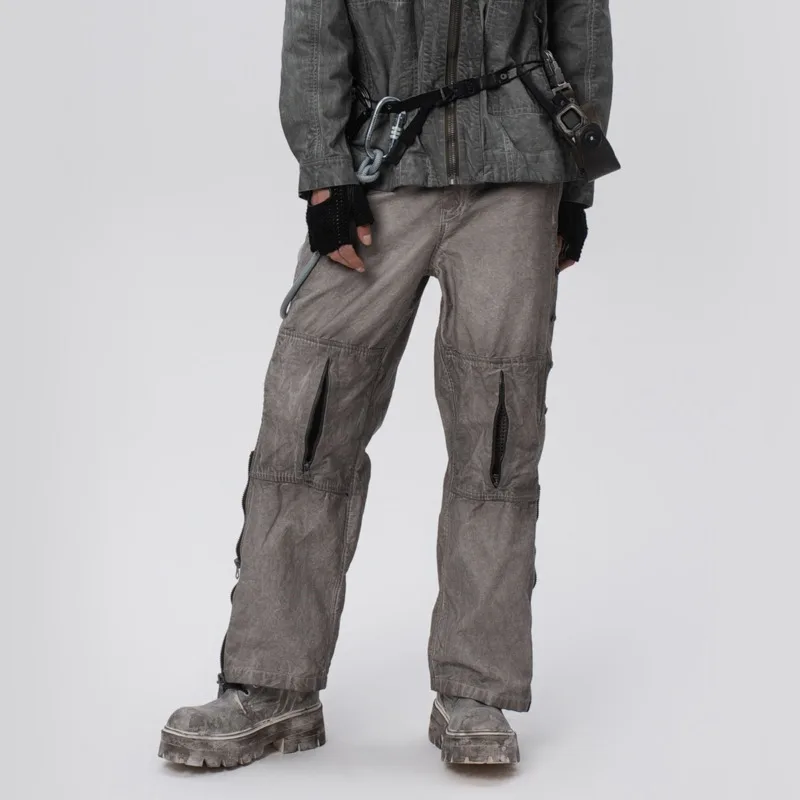 HKSH Function  Waste Land Dirty Dyed Vintage Mesh Knee Straight Pocket Cargo Pants Loose Outdoor Casual Long Sleeve Ins HK17144