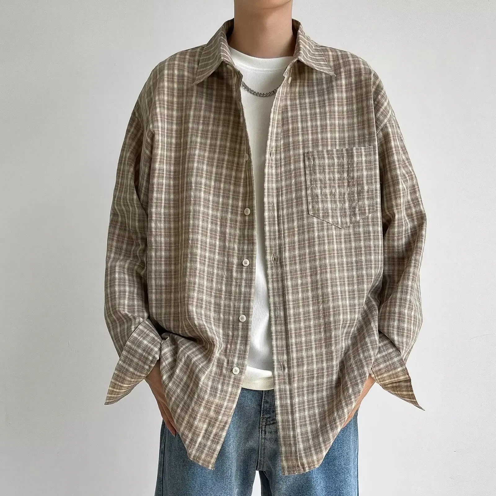 Japanese Retro Checkered Long Sleeved Shirt For Men Autumn Korean Fashion Casual Loose Fit Men's Shirt Coat Y2k Streetwear