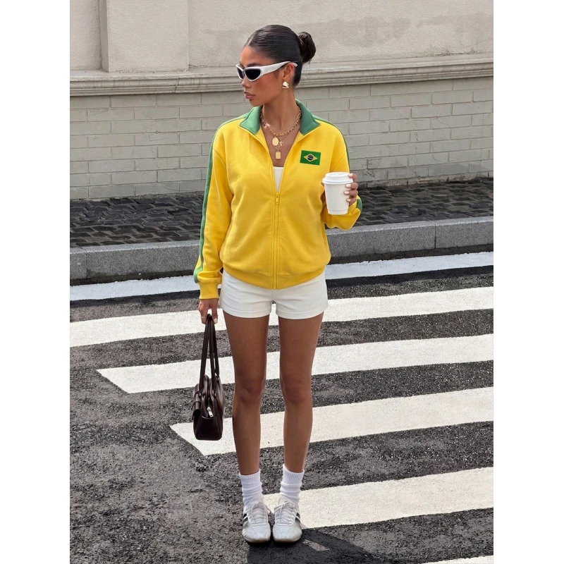 European and American style Brazilian flag embroidery sports style loose fashion trend cardigan zipper unisex hooded sweatshirt