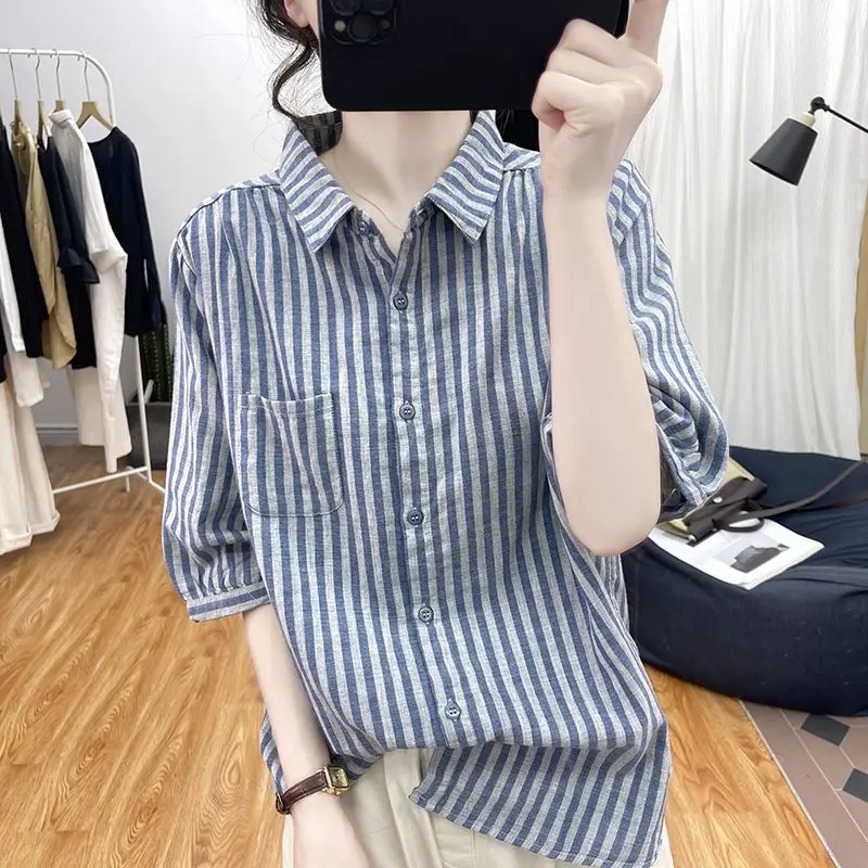 Spring Autumn Summer Women\'s Clothing Button Up Cardigan Turn-down Collar Striped Contrast Color Shirt Casual Half Sleeve Tops