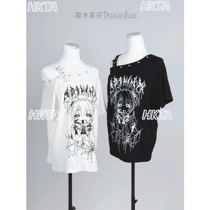 Original Off-shoulder Cami Tshirt Black White Oversized Japanese Subculture Cute Cosplay Women's T-shirts Harajuku Y2k Aesthetic