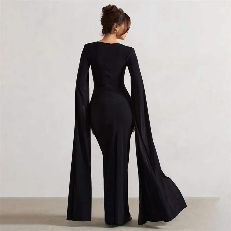 Red Black Long Sleeves Square Neck Women\'s Cape Prom Dress Side Split Pleated Party Gown Slim Fit Formal Red Carpet Robe Skirt