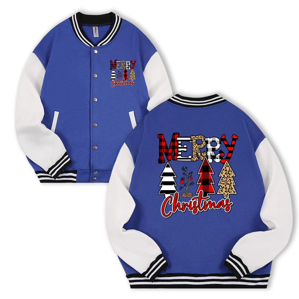 

Christmas Atmosphere Tree Design Jackets Men Fashion American Top Fleece Baseball Jersey Autumn Loose Vintage Sportswear For Man