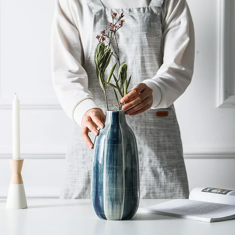 LingAo-Modern Simple Style Ceramic Vase for Living Room, Home Decoration, Blue Dye