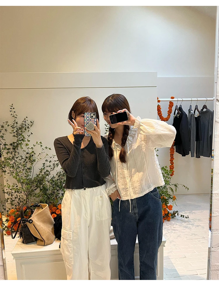 

Retro Long Sve Blouse with Bowtie Baby Collar Lace Trim under irt Top Cotton Straight Cut Spring Faion for Young Women
