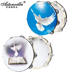 8/10 Inch Peace Dove Double Layer Hand Solid Wood Hand Held Tambourine with Double Row Jingles Reflective Percussion Instrument