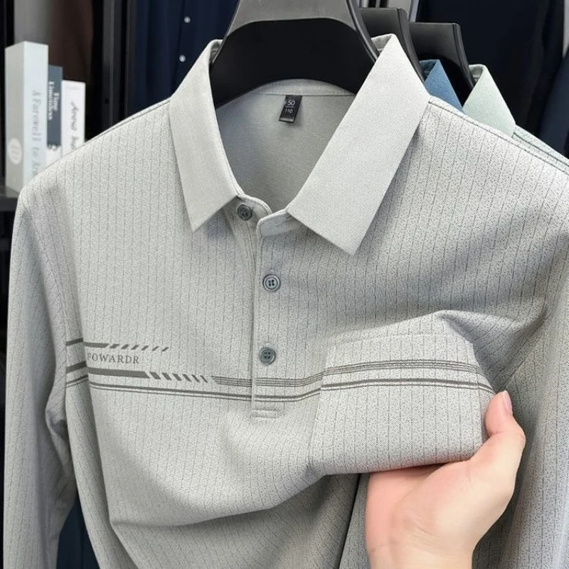 Authentic Men's Pure Cotton Long Sleeve T-Shirt Autumn Thin Casual Polo Shirt with Real Pocket