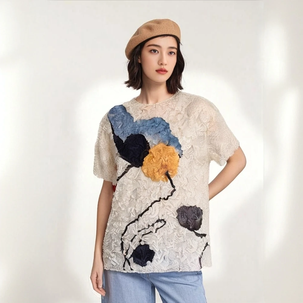 

Miyake Pleated Summer New Ink Painting Country Style Printing Short-sleeved T-shirt Commuting Versatile Pleated Blouse Female