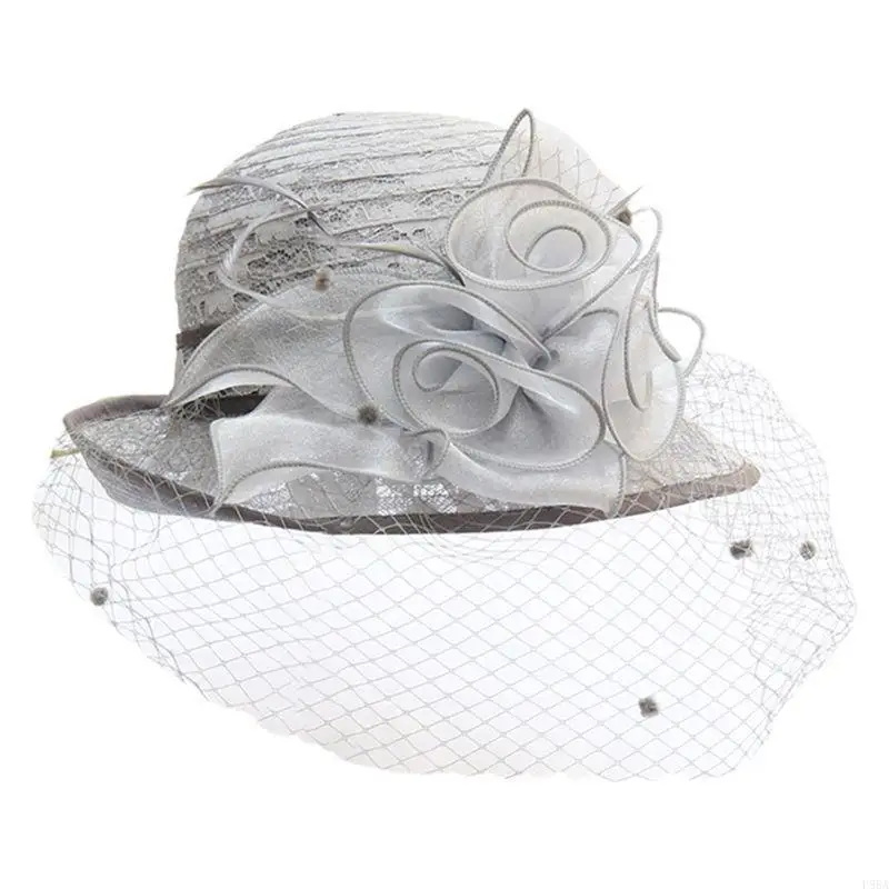 

P88A Women Retro Church Derby Lace Cloche Hat Mesh Veil Floral Wedding Fascinator Cap