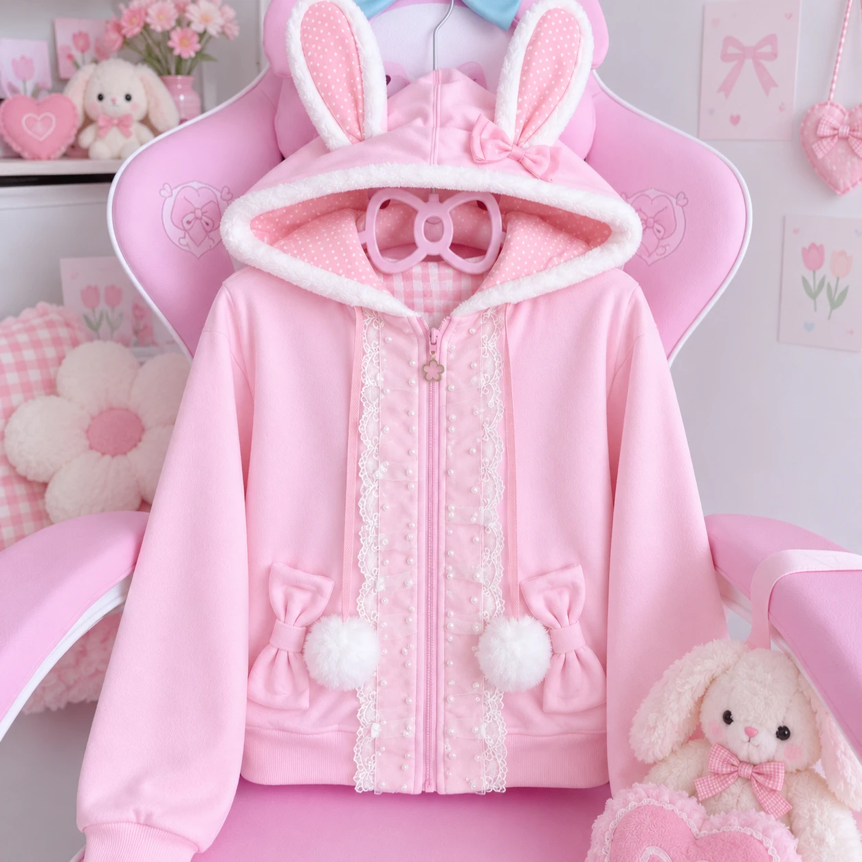 Japanese Sweet Kawaii Rabbit Ear Hoodie Women Cartoon Hooded Women Casual Long Sleeve Jacket Lolita Coat Casual Outerwear Tops