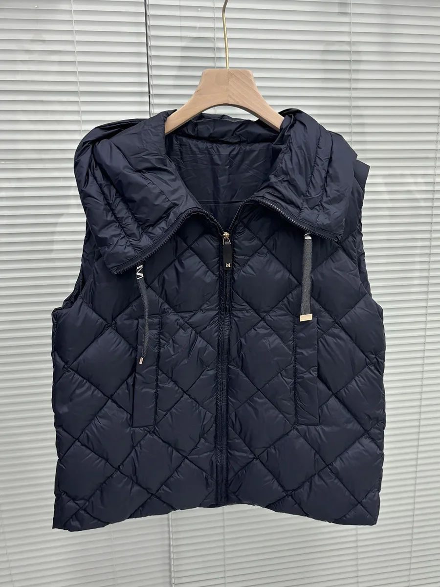 

New Women With Hood Casual Sleeveless Jacket Argyle Simple Fashionable Autumn Winter Slim Top 90% White Duck Down Vest