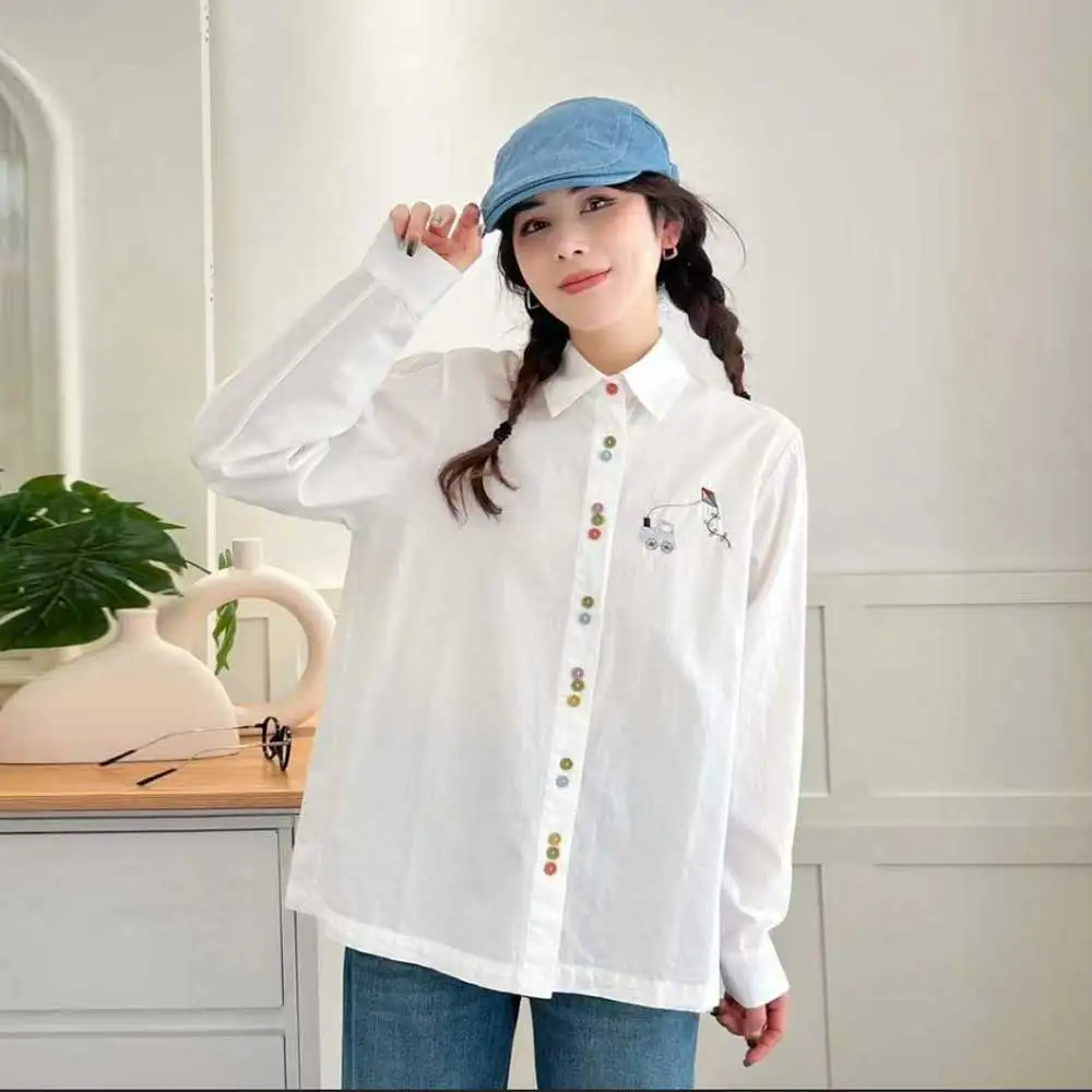 

Japanese Sweet Mori Girl Cartoon Kite Car Embroidery Cotton Shirts Women Spring Autumn Turn Down Collar Long Sleeve Loose Blouse