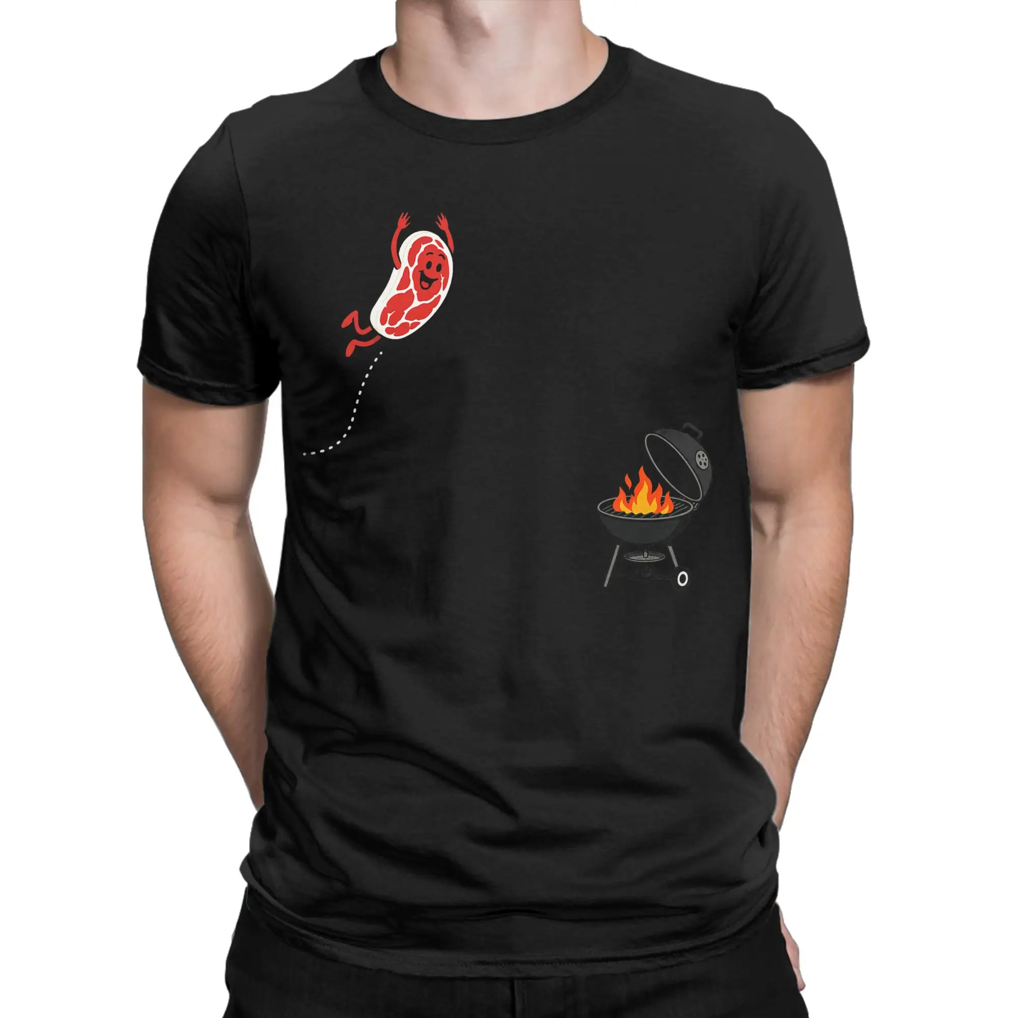Men BBQ Steak Meme Cute Meat Jumping Into Grill T Shirts  Pure Cotton Novelty Short Sleeve Crew Neck Tee Shirt Graphic T-Shirt