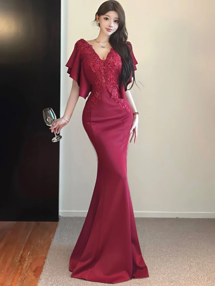 2025 branco cetim retalhos rendas oco para fora com decote em v sexy vestido longo feminino festa de luxo vestido de noite verão coreano vestidos elegantes