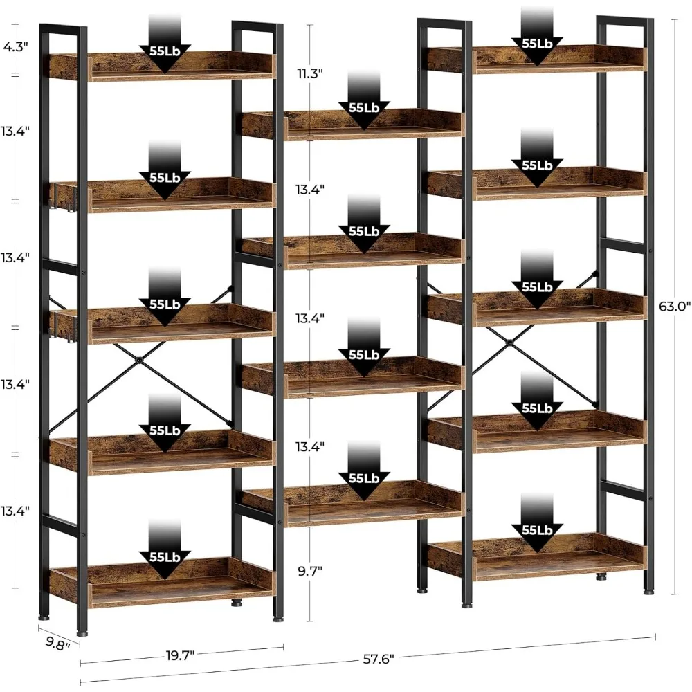 Bookshelf 5 Tiers with 4 Hooks, Triple Bookcase with Open Display Shelves, Industrial Wide Bookshelf with Metal Frame