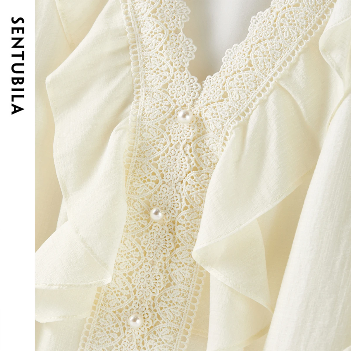 SENTUBILA 2025 Woman Chiffon Blouse V Neck Spliced Lace Shirts Bubble Short Sleeve Ruffle Shirt Summer Office Clothing 152V58447