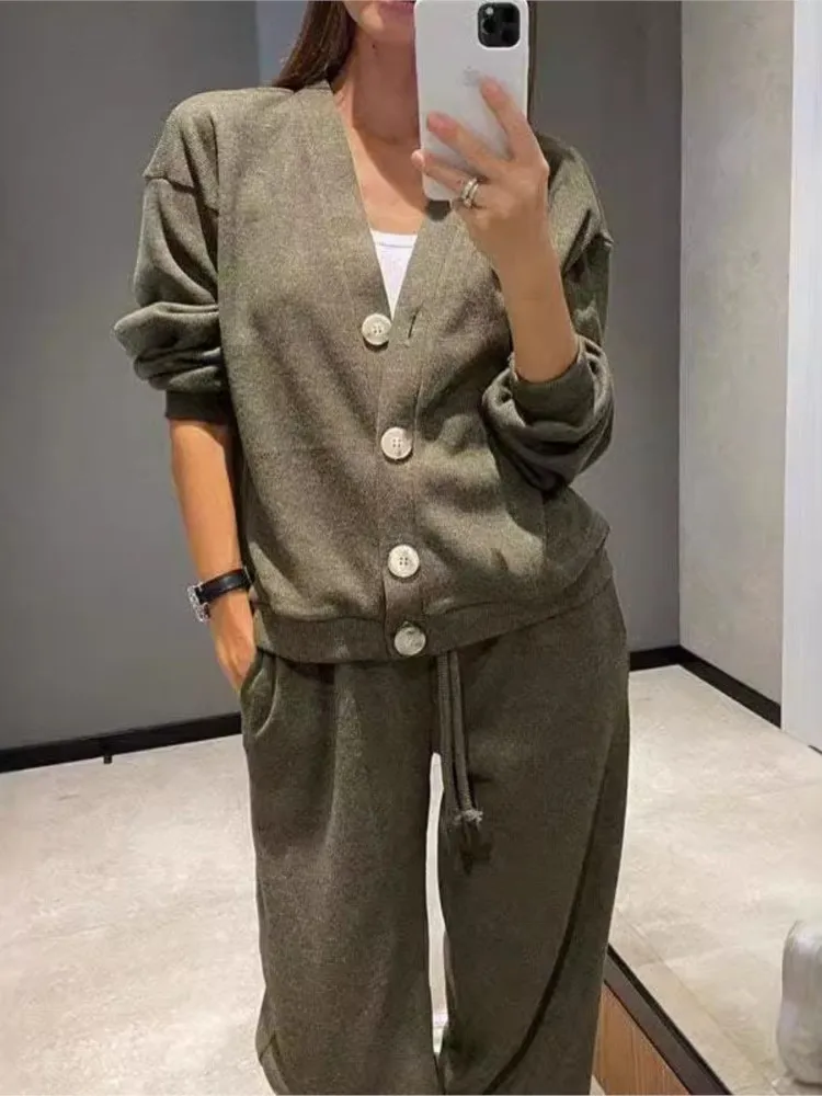 Women\'s Sports Suit 2 Piece Set Fall Winter New Casual Solid V-neck Comfortable Jacket Cardigan Sweatpants Suits Women Clothing