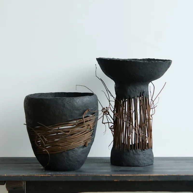 Modern Black Geometric Fruit Bowl Hollow Dried Flower Vase Funnel Shaped Home Decor Art Piece for Living Room Table