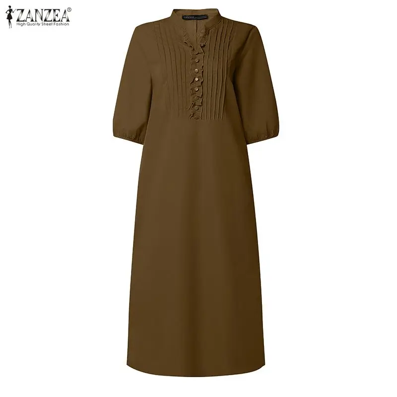 Vintage Solid Midi Dresses ZANZEA Women Summer Sundress V Neck 3/4 Sleeve Vestidos  Elegant Flounce Work Dress Casual Robe Femme