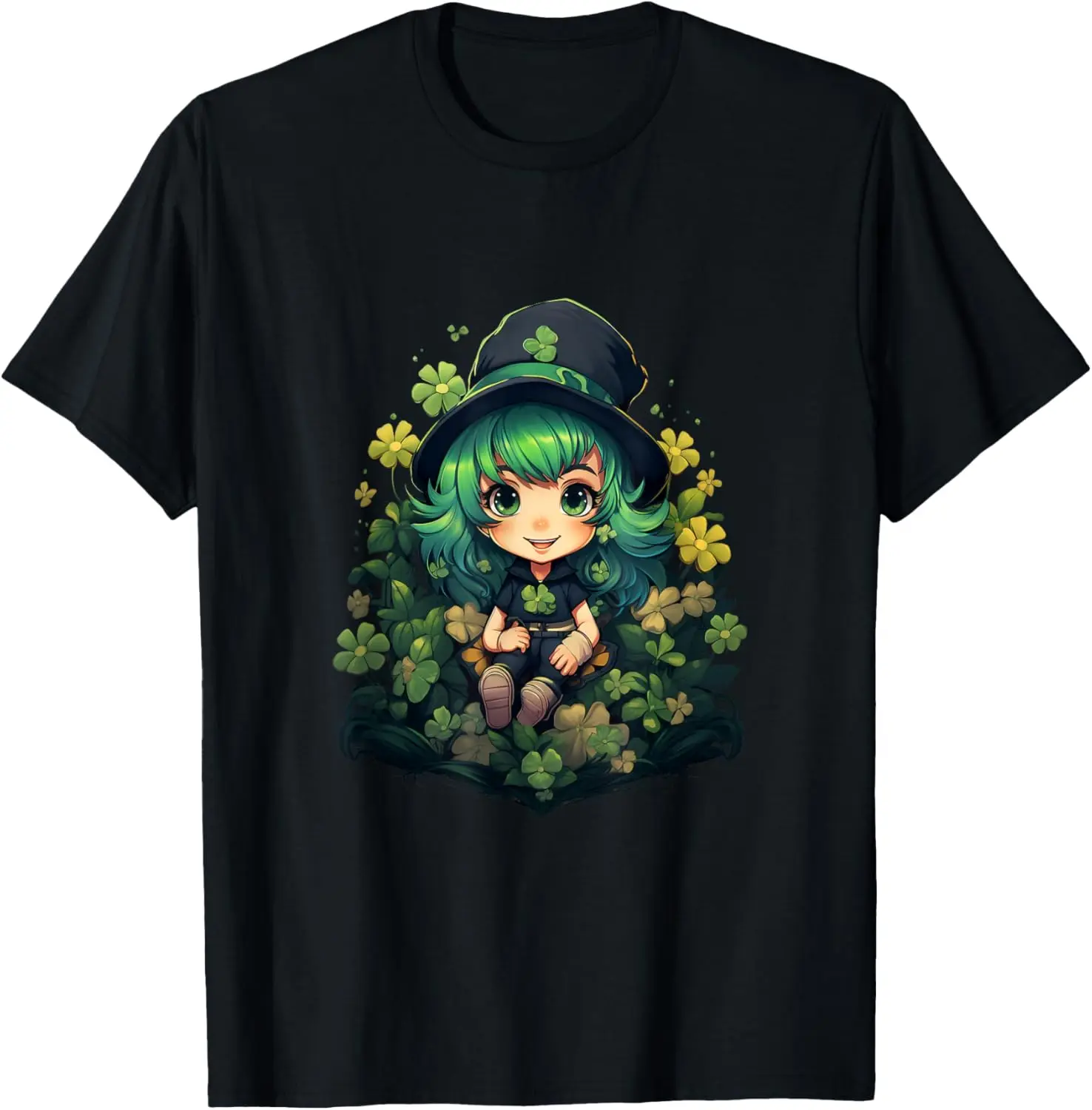 

Chibi St Patricks Day Witch Anime Girl Clover Graphic Tee Soft Cotton Short Sleeve T-Shirt Daily Wear
