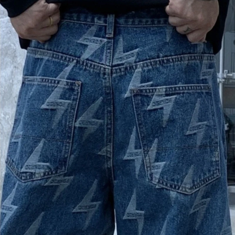 

American High Street Jacquard Lightning Jeans Men's Trendy Loose Straight Casual Long Pants Men's Jeans