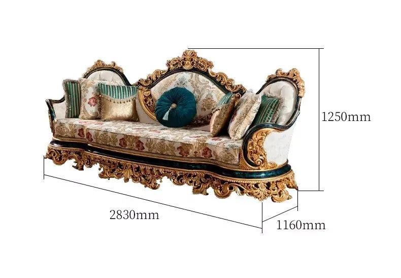 French luxury full solid wood carving flower sofa European living room with gold foil crown fabric