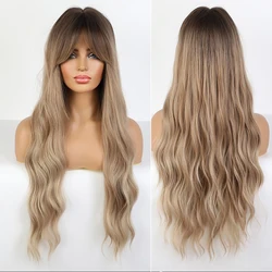 Emmor Synthetic Long Wavy Wigs with Bangs for Women Cosplay Natural Ombre Brown to Light Blonde Hair Wig High Temperature Fiber