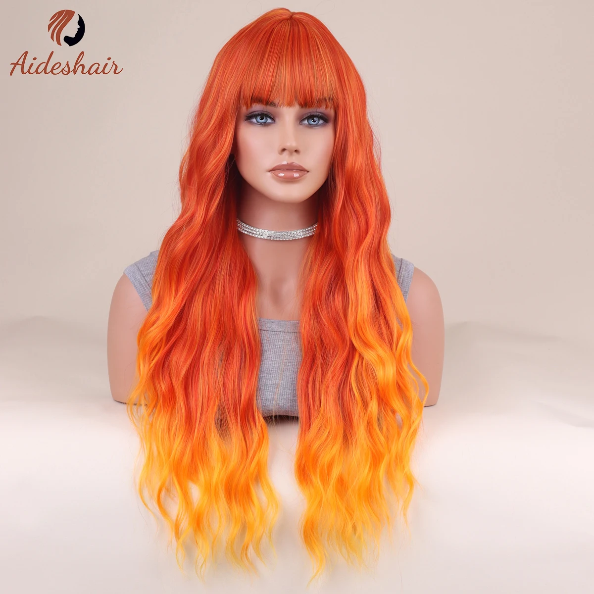 Orange wig Women's long wavy flame-colored wig with bangs Curly synthetic wig for cosplay party wigs