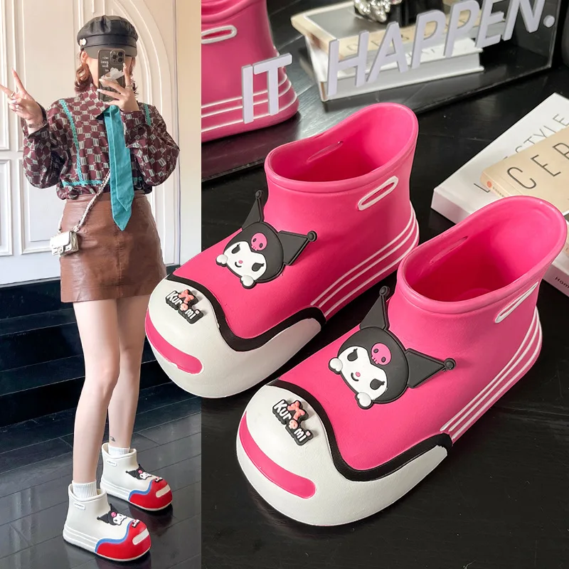 

Sanrios Kuromi Cinnamoroll Мультяшные женские резиновые сапоги кавайные аниме водонепроницаемые ботильоны на толстой подошве износостойкая резиновая обувь