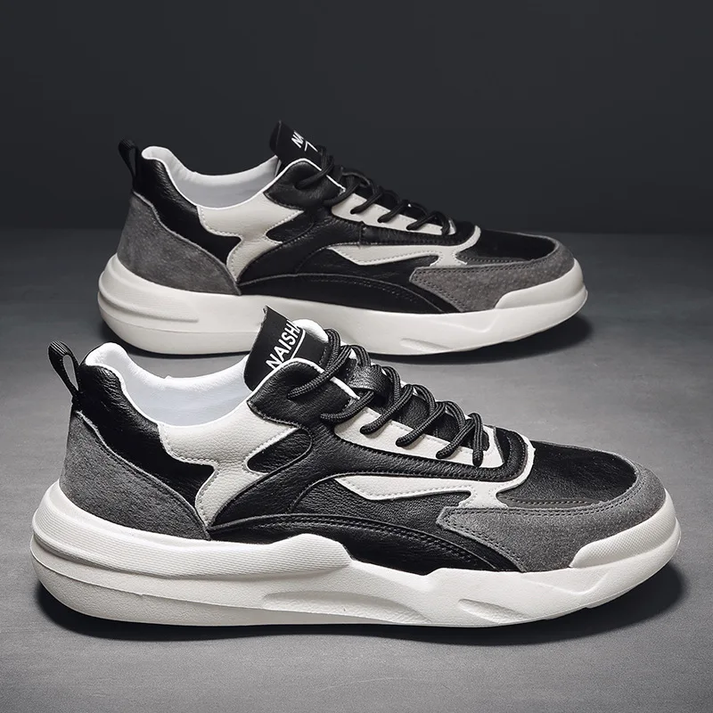 

Brand New High End Men Genuine Leather Casual Shoes All Seasons Patchwork Lace-up Leisure Flat Shoes Man Fashion Sneakers