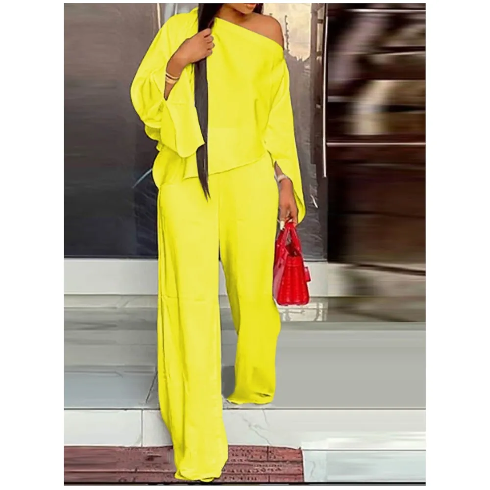 Spring Summer New Seven Point Sleeve Shirt Women Fashion Diagonal Shoulder Casual Elegant Wide Leg Trousers Home Wear 2piece Set