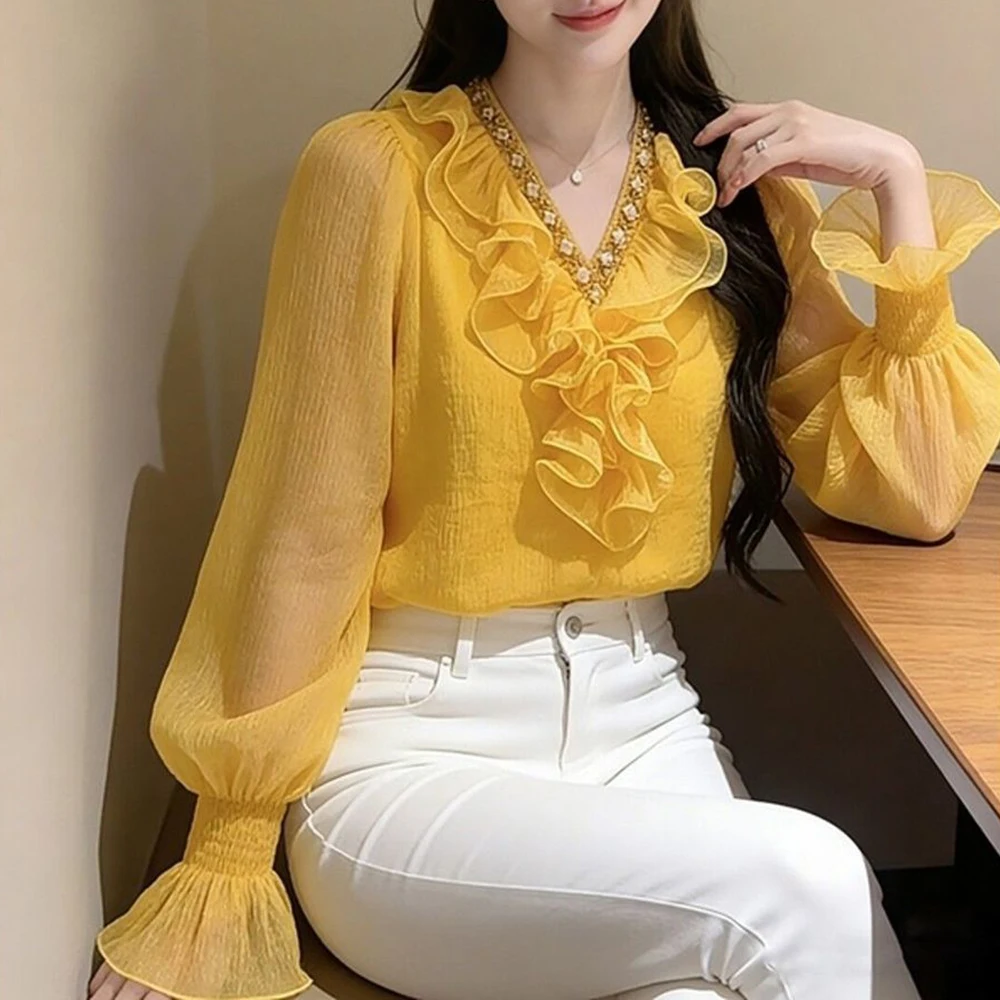 Yellow ruffle edge long-sleeved shirt women's 2026 new important occasion beautiful French light luxury temperament top spring - view 5