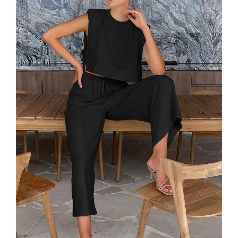 موضة القطن والكتان دعوى الملابس النسائية 2026 الربيع والصيف منصات الكتف الجديدة بلا أكمام بنطلون علوي قطعتين مجموعة