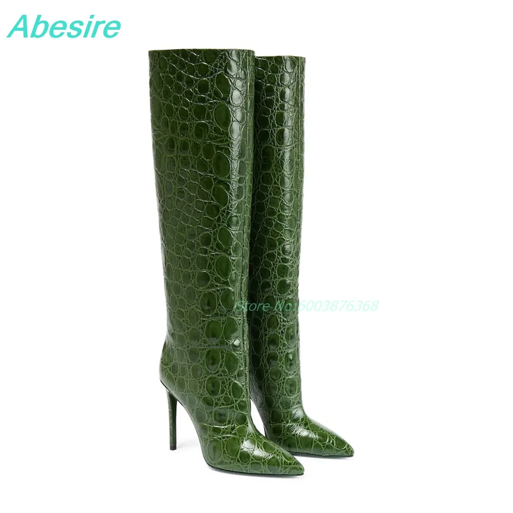 

Alligator Pattern Leather Knee High Boots Pointed Toe Thin Heels Patchwork Solid Women's Boots Retro Wild Style Fashion Shoes