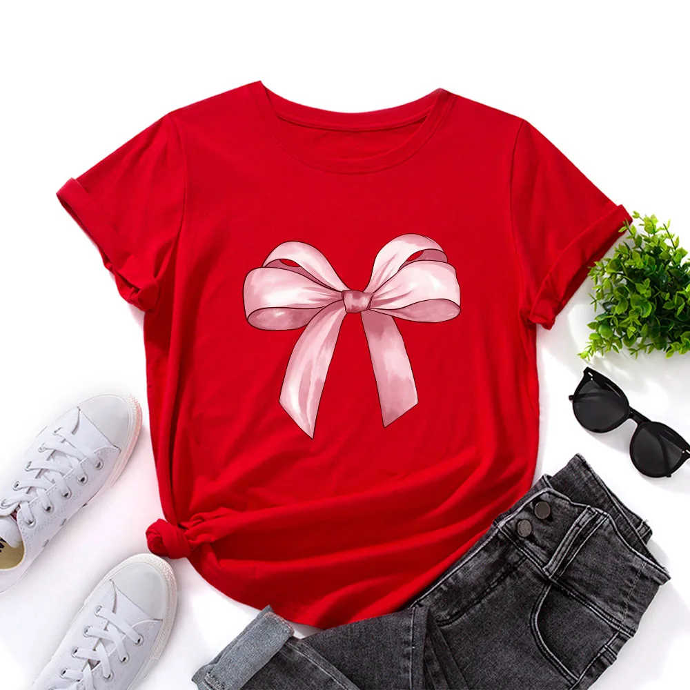 여성용 루즈핏 코튼 티셔츠 라운드 넥 프린트 스트리트 스타일 얇은 여름 패션 핑크 매듭 장식