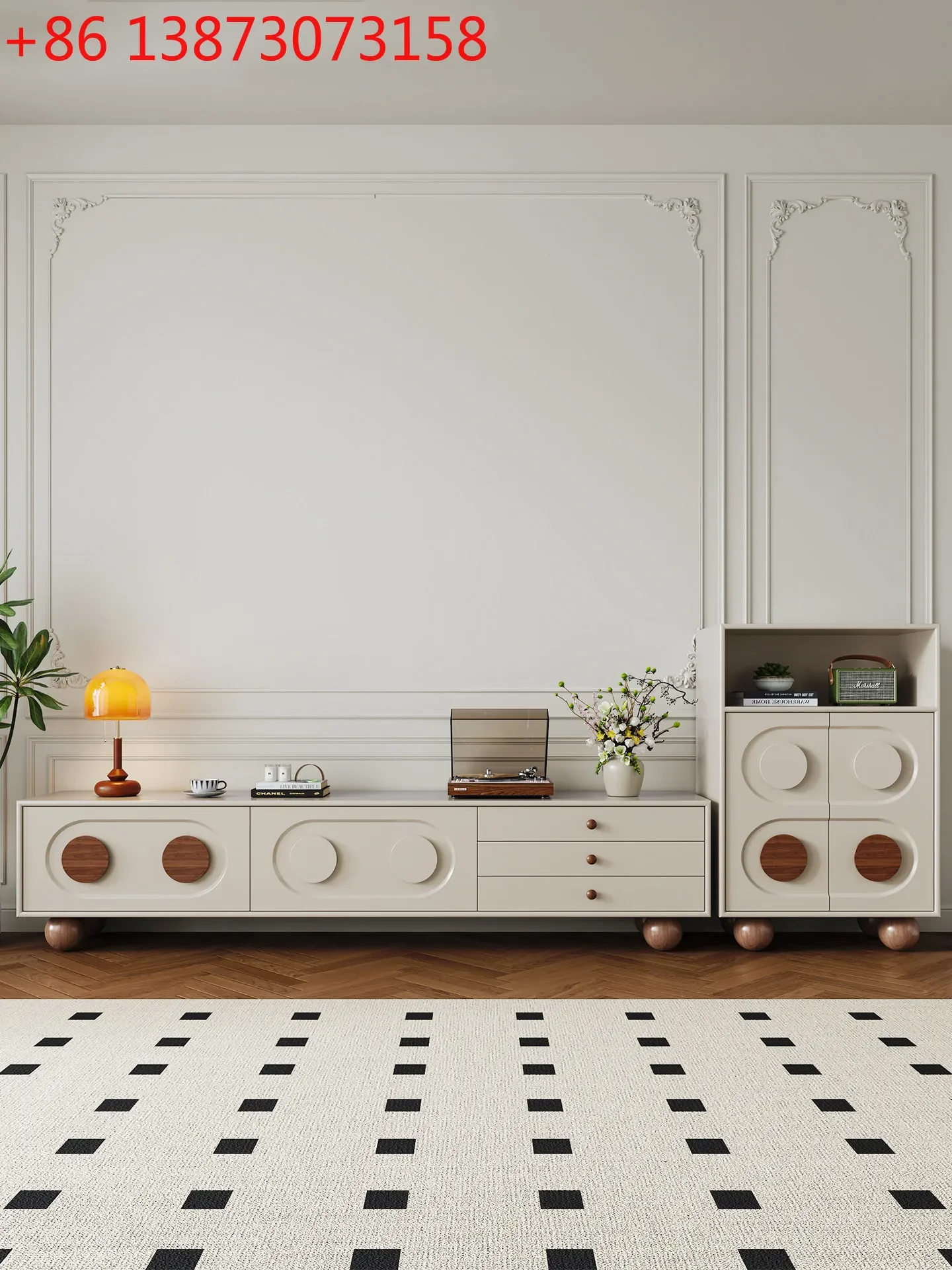 

Medieval style living room household small apartment integrated floor solid wood floor cabinet