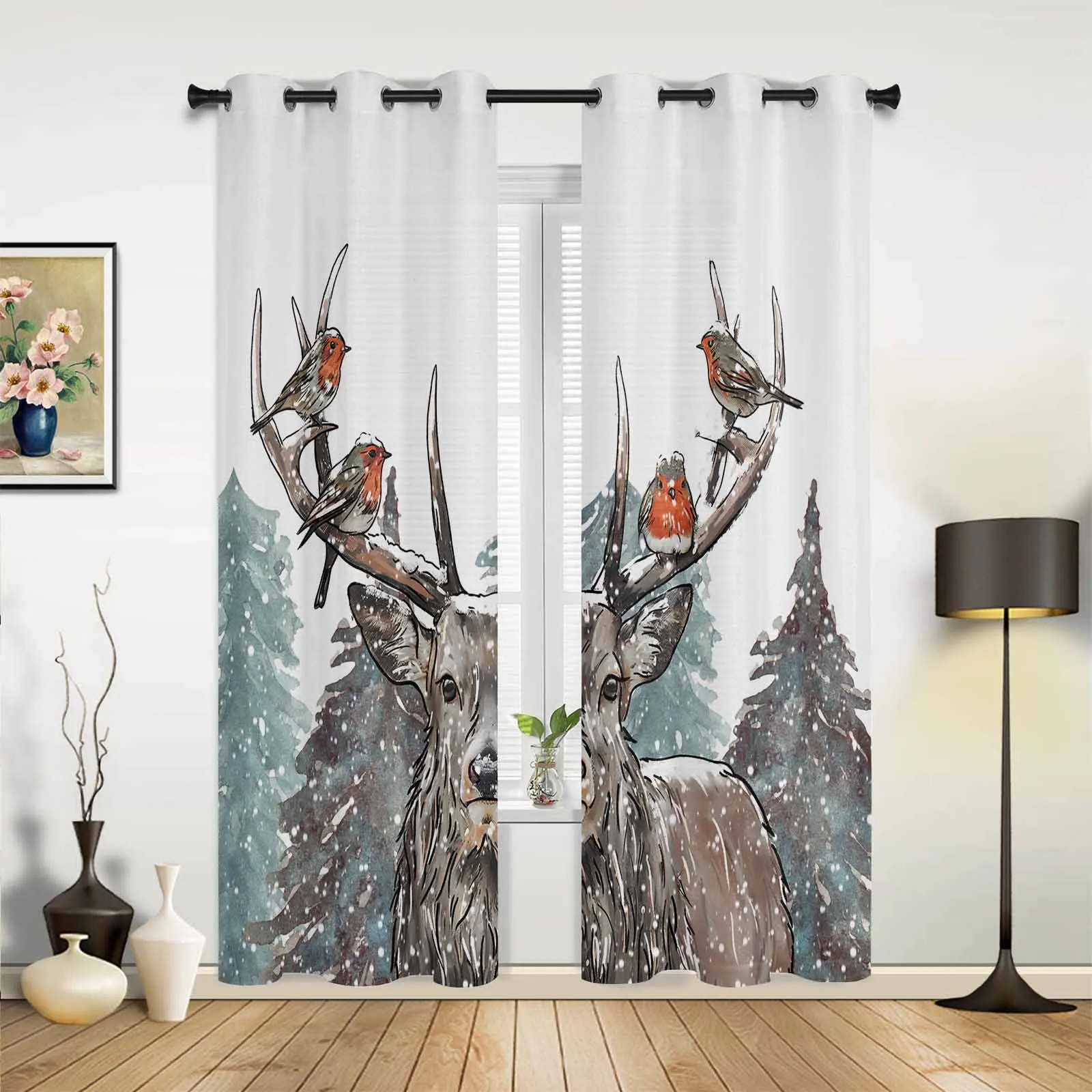 Christmas Snow Scene Hand Painted Deer Windows Curtains Living Room Luxury Decor Xmas Curtain Bedroom Kitchen Window Drapes