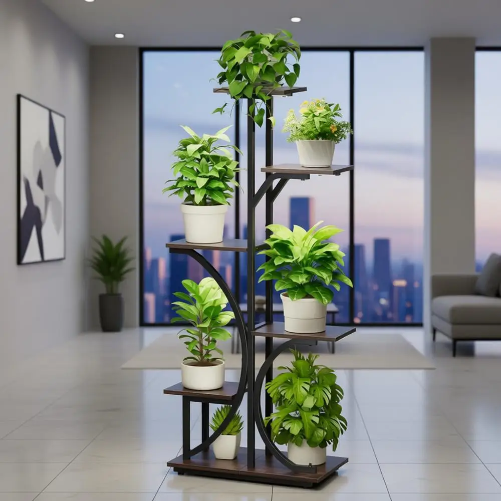 

6-Tier Indoor Plant Stand with Grow Lights, Curved Flower Stand for Living Room, Bedroom, Patio Decor, Black