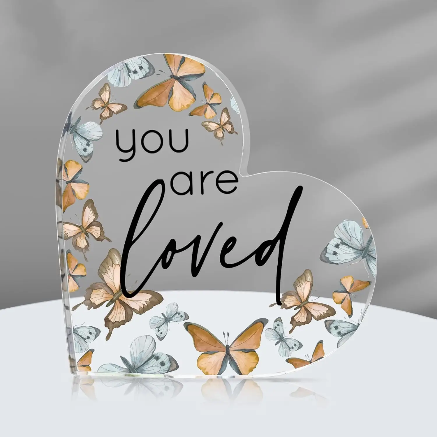 Yulejo Inspirational Butterfly Gift You Are Loved Decor Acrylic Heart Shaped Keepsake with Rustic Brown Butterflies for Women Coworker Lady Employee Appreciation Office Teacher Nurse Fall Gift
