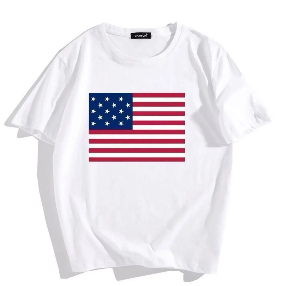 Y2K summer American travel flag pattern pure cotton short-sleeved T-shirt for men women large size trendy round neck half sleeve