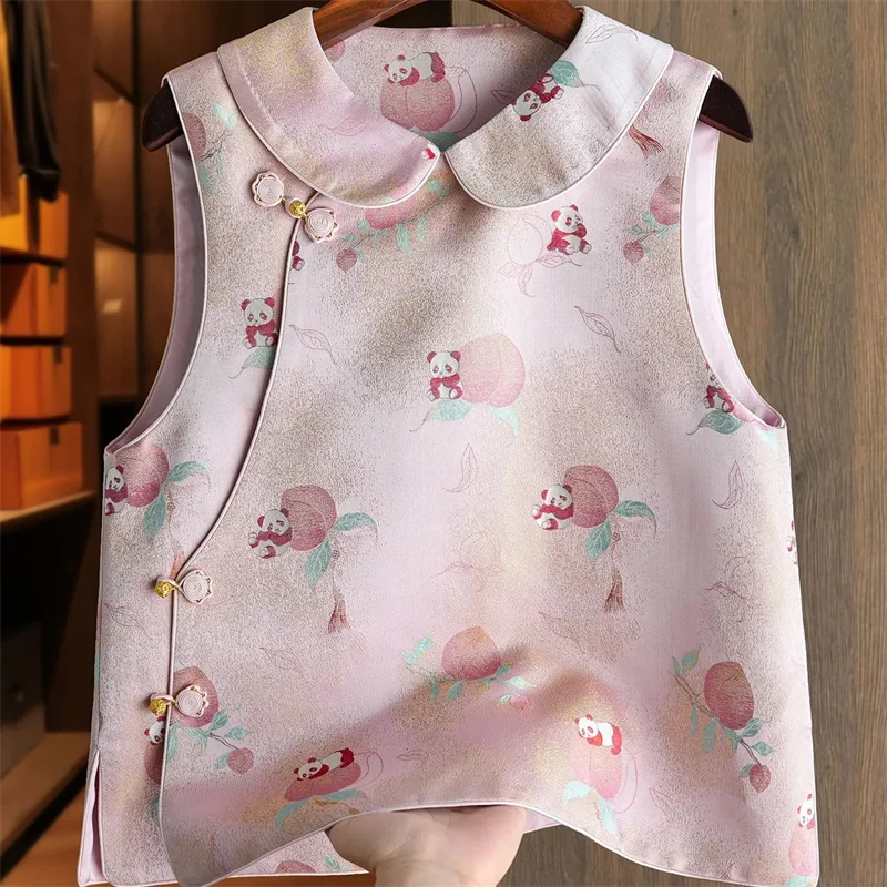 Women's Cotton Polyester Vest Fashion O-Neck Panda Print Coat
