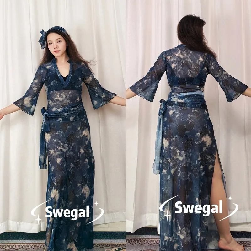 

Customized SWEGAL Belly Dance Costumes Practice Dress Shabby Four Piece Set Ballad Navy Blue Printed Mesh Robe Sexy V-neck