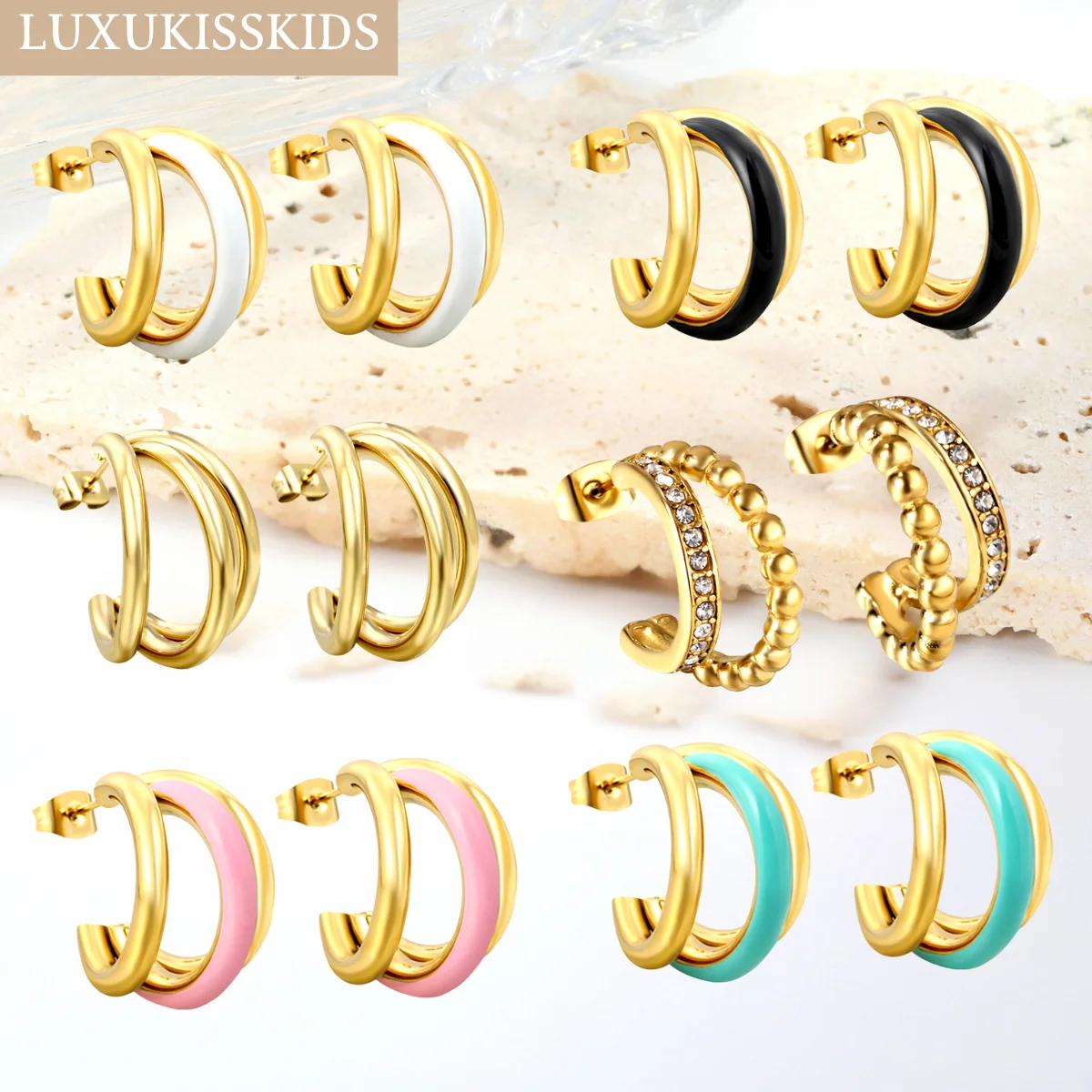 LUXUKISSKIDS C Shaped Earrings Hoop Stainless Steel Colorful Stylish Gold-Plate Minimalist Triple Round Piercing Statement aros