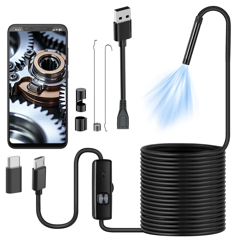 Borescope pipa USB tipe-c, Borescope otomotif 2MP tahan air 8mm LED dapat diatur untuk perangkat PC Android