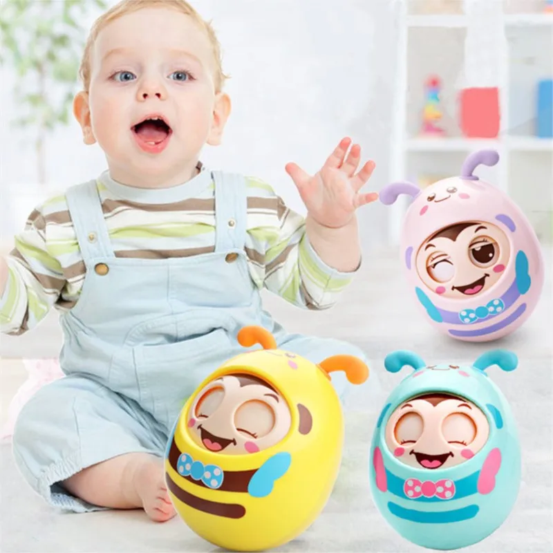 ZK30 Baby Tumbler Rattles Toys Cartoon Mobile Bee Bell Blink Eyes Tumbler Roly-poly Silicone Ear Teether Toys for Newborns Gifts