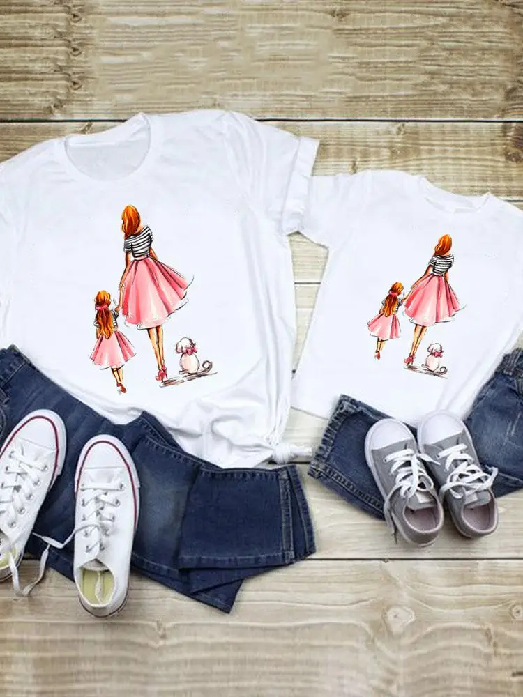 

Women Love Kid Child Watercolor Dog 90s Summer Family Matching Outfits Mom Mama Mother Tshirt Tee T-shirt Clothes Clothing