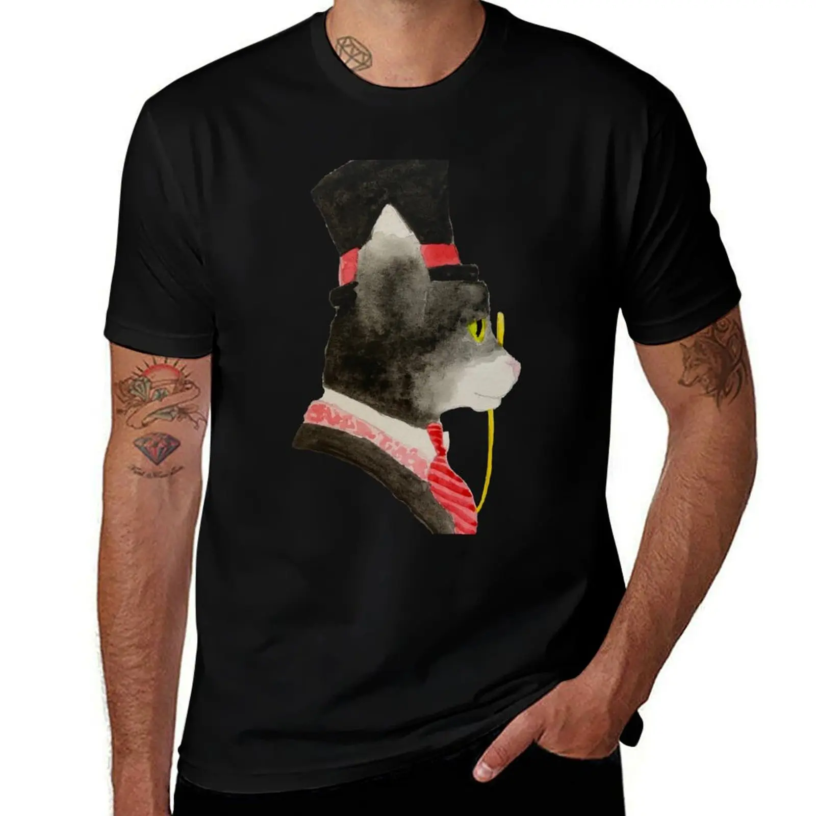 

Black cat in a suit and top hat T-Shirt cotton t shirts high quality man graphic t shirt T-shirt