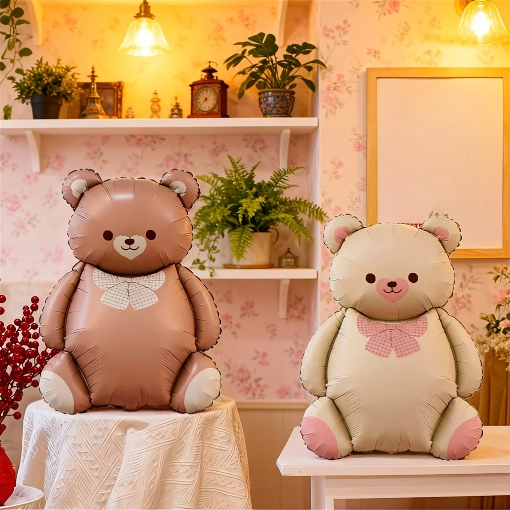 2 Pack Cute Teddy Bear Foil Balloons (Brown & Beige) - Self-Sealing Mylar Aluminum Balloons for Birthday Party Decorations, Baby