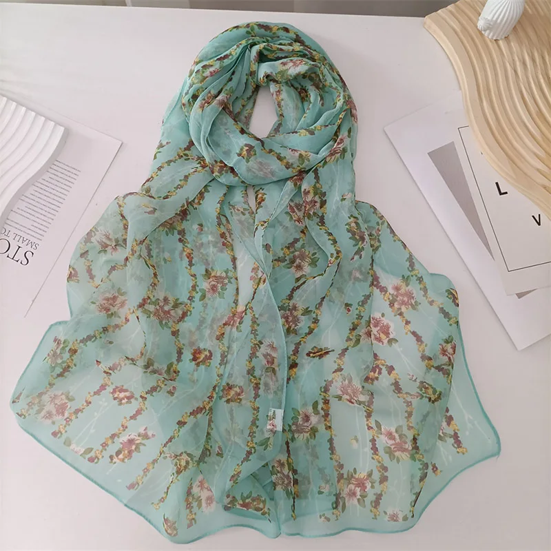 Red Small Flower Women Elegant Chiffon Georgette Bandana Scarf Summer Beach Sunscreen Thin Hijab